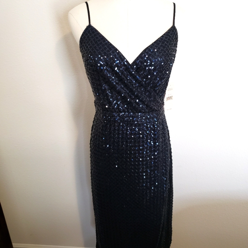 Nanette Lepore Sleeveless Navy Sequined Faux Wrap Midi Dress—10